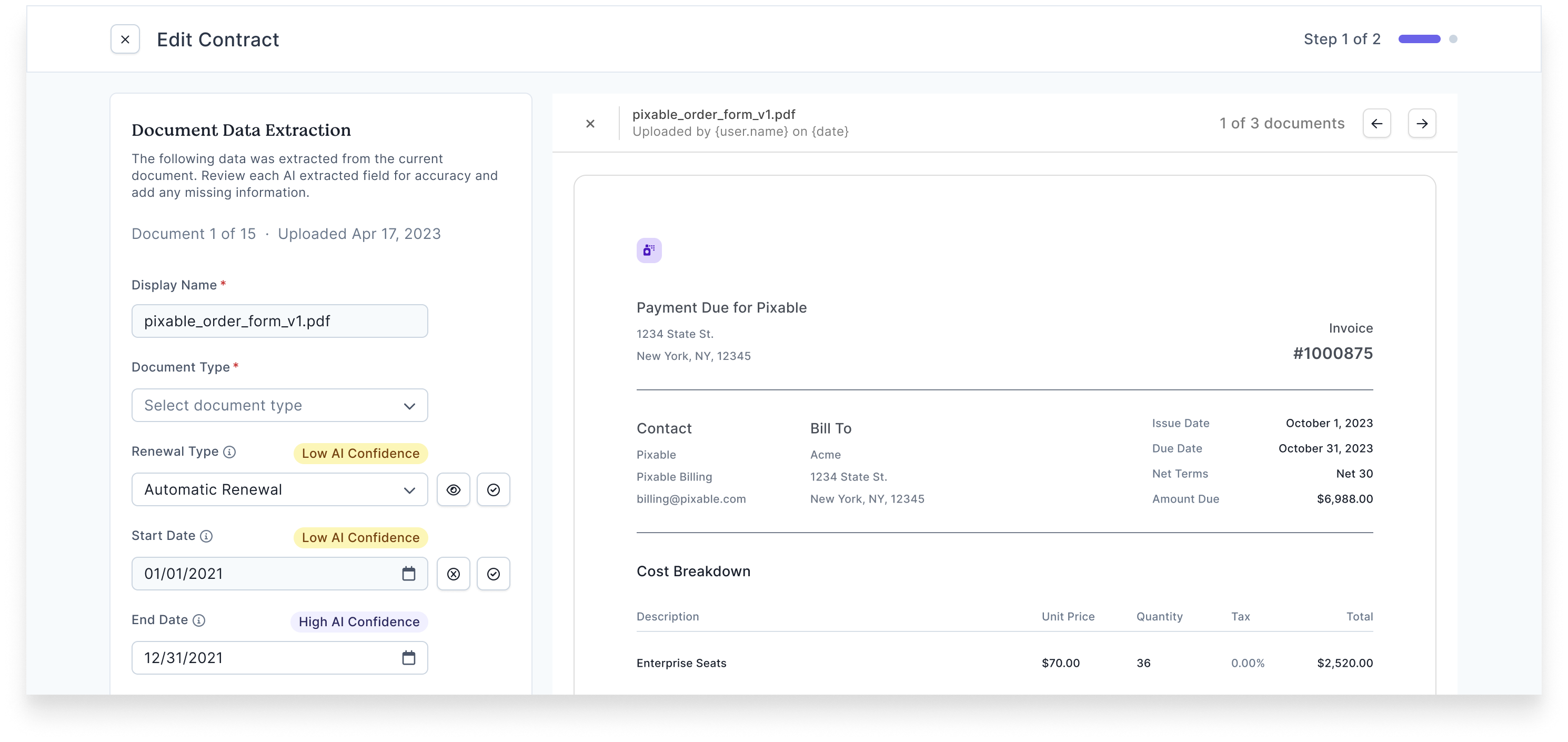 Screenshot of internal UI for AI data extraction